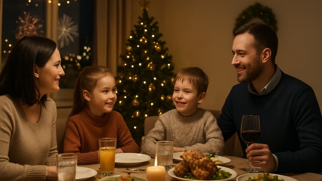 Famiglia con bambini in ambiente accogliente per Capodanno