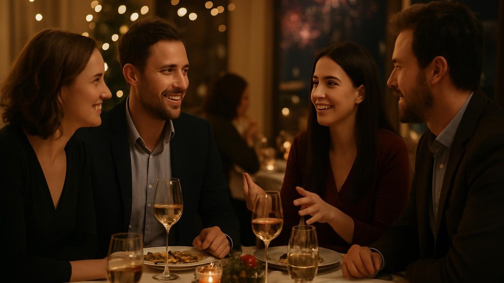 Gruppo di adulti in contesto conviviale per Capodanno